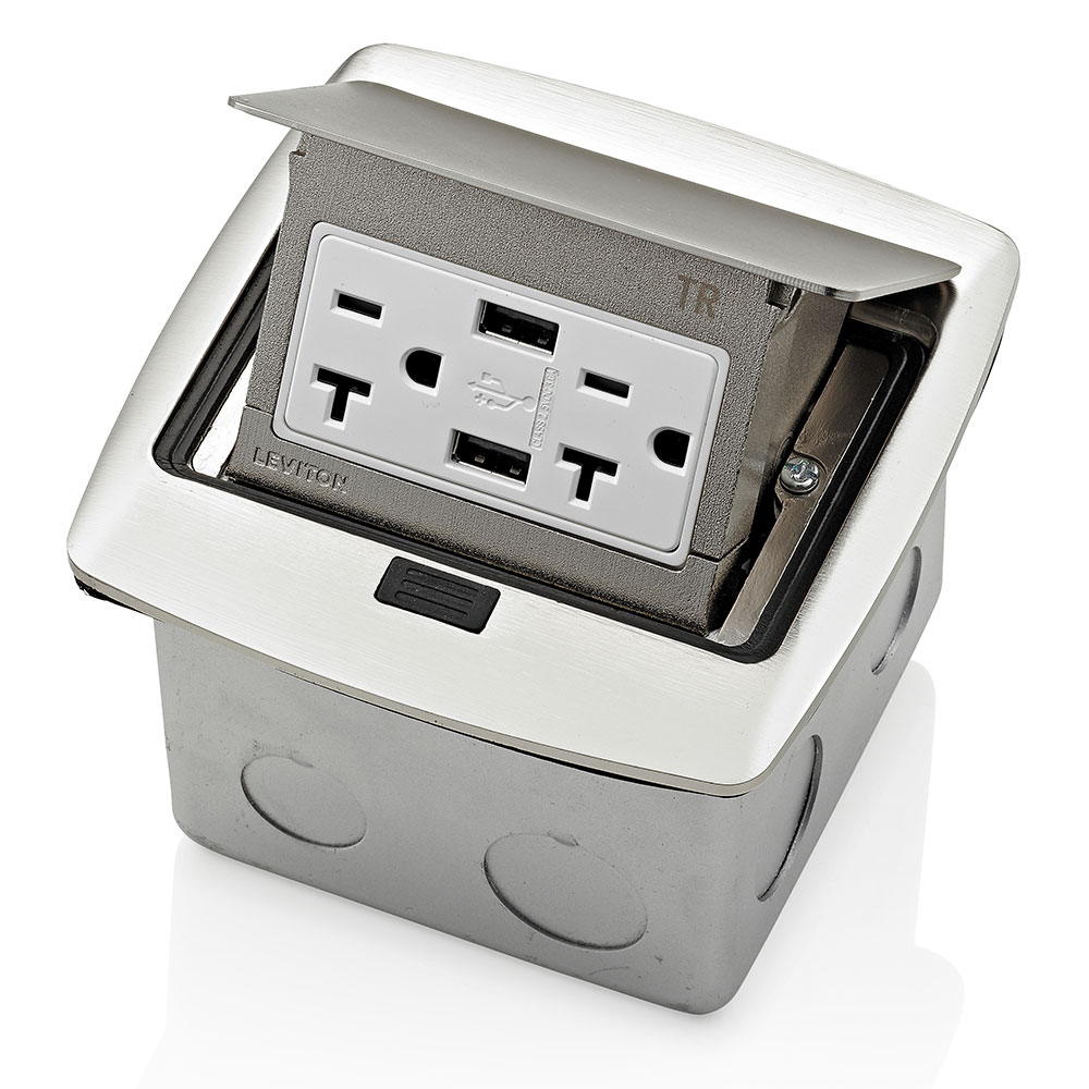 CAJA PISO POP-UP TOMA DOBLE USB TIPO A 20A 2P 3H 125V NIQUEL PFUS2-BN