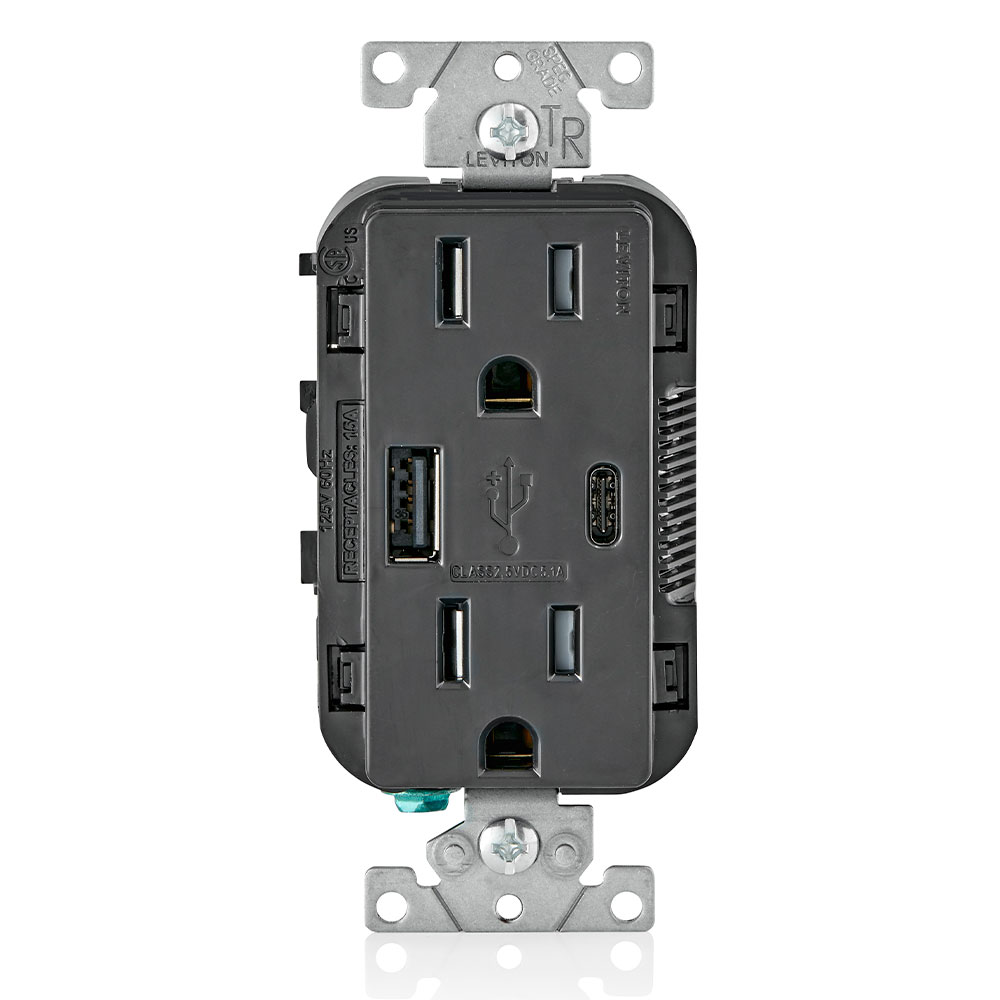 TOMA DOBLE USB TIPO A/C 2P 3H 15A 125V NEMA 5-15R 5.1A NEGRO T5633-E