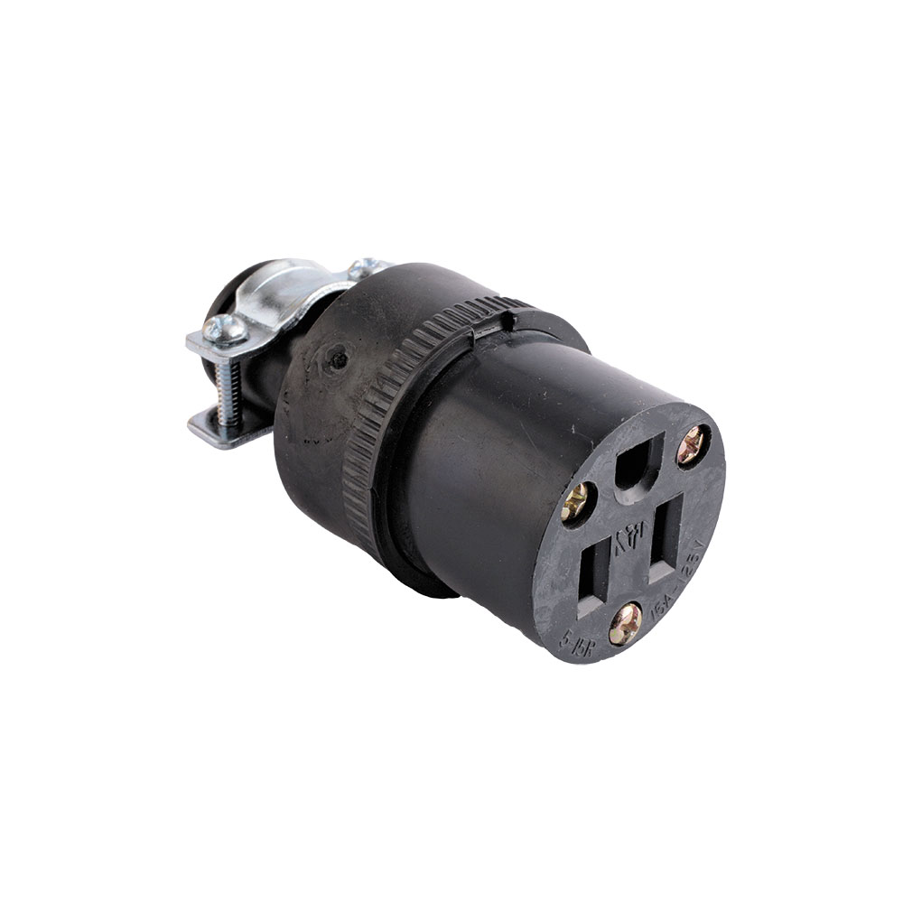 TOMA EXTENSION C/ ABRAZADERA 2P 3H 15A 125V NEMA 5-15R NEGRO #222