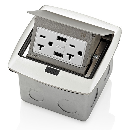 [LEVPFUS2-0BN] CAJA PISO POP-UP TOMA DOBLE USB TIPO A 20A 2P 3H 125V NIQUEL PFUS2-BN
