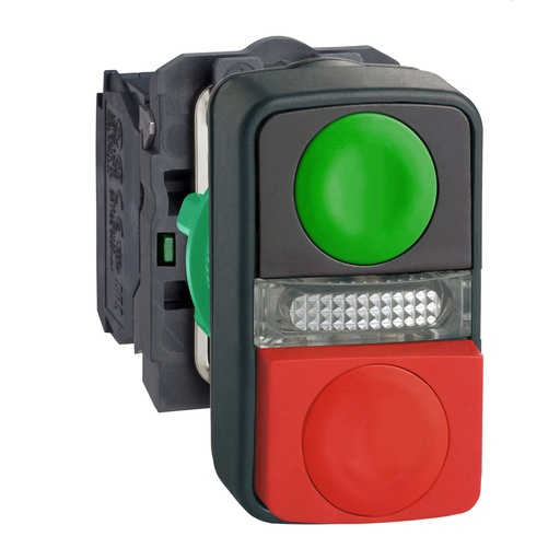 [9971B5] PULSADOR DOBLE ILUMINADO PLASTICO,  VERDE Y ROJO TENCION LED 24V AC/DC