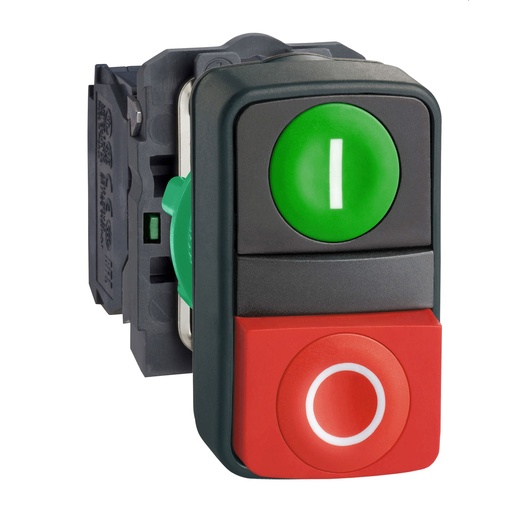 [997L73] PULSADOR DOBLE PLATICO, BOTON VERDE Y ROJO, CONTACTORES NA+NC
