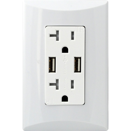 [E021021] TOMA DOBLE USB TIPO A 2P 3H 20A 125V NEMA5-20R 4A PLATA BLANCO 1021-W