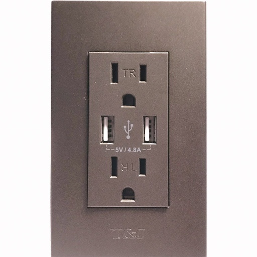 [E0254NE] TOMA DOBLE USB TIPO A/A 2P 3H 15A 125V NEMA5-15R 4.8A NEGRO T&J 8054BK