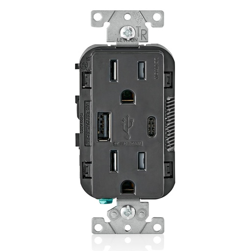 [LEVT5633-E] TOMA DOBLE USB TIPO A/C 2P 3H 15A 125V NEMA 5-15R 5.1A NEGRO T5633-E